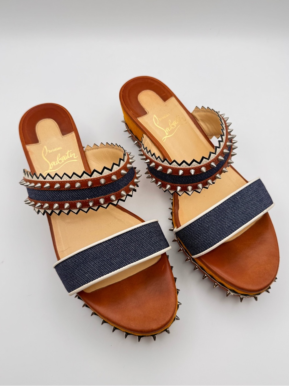 Christian Louboutin Montezuplage 60 Studded Denim Platform Slide Sandals EU 36